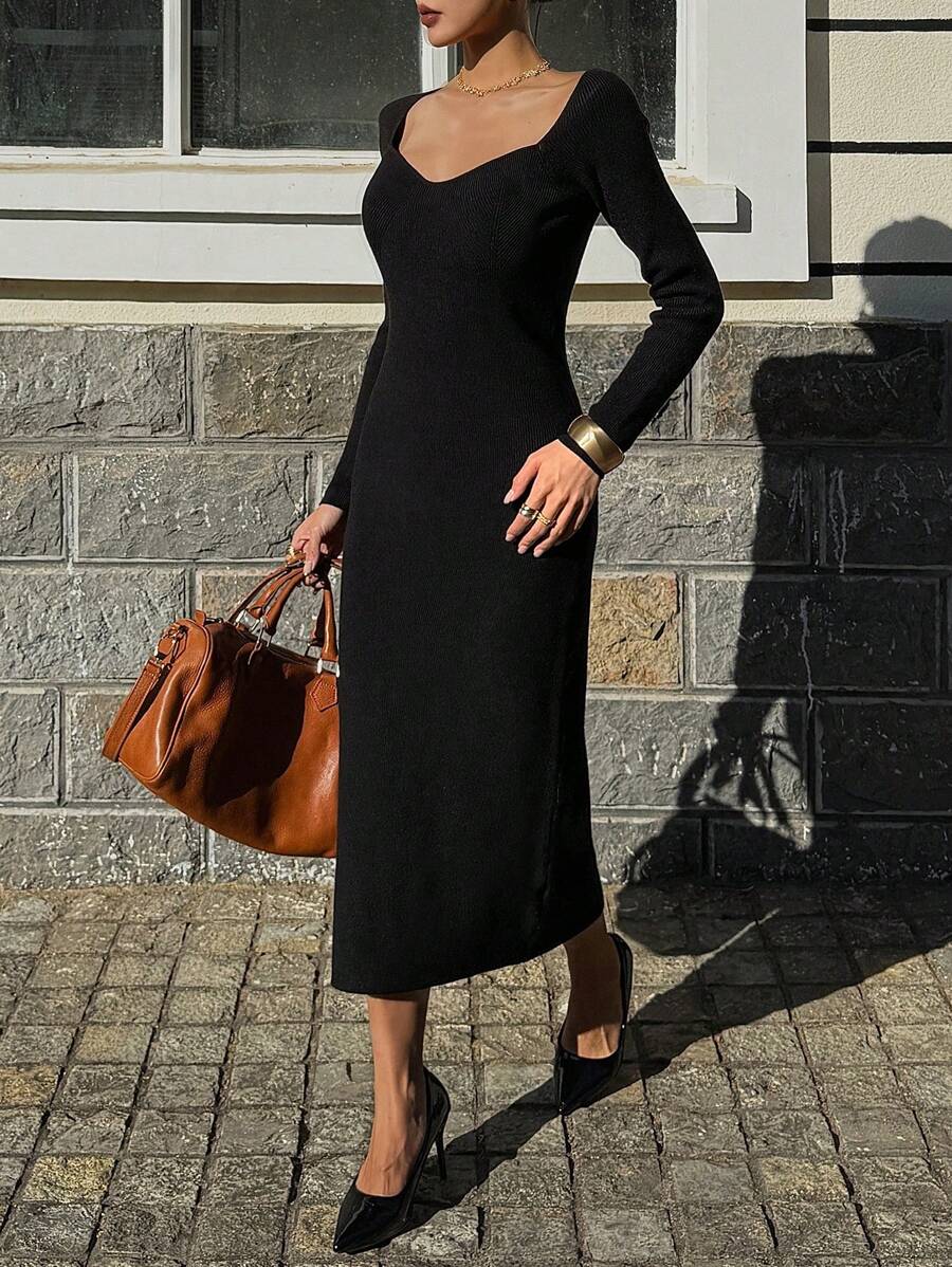 DAZY 1 件女式中长修身小黑裙针织鸡尾酒会礼服，秋季服装女式毛衣裙 - 黑色 - 查看 1