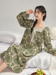 DAZY Lace Trim Vintage Floral Print Patchwork Nightgown Pajama - Green - View 4