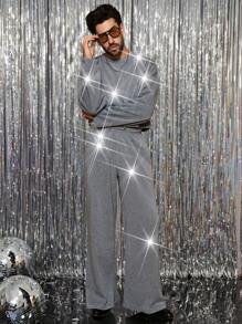 Manfinity VCAY 2Pcs Men's Knit Casual Elastic Waist Loose Long Sleeve Sweatshirt And Straight Leg Pants Set - Grey - View 2