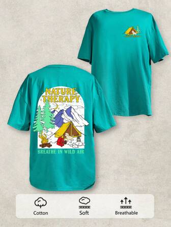 Tseoso T-shirt ample en coton à col rond, manches courtes, avec motif paysage surdimensionné, camping et ski en montagne, pour femme avec coupe ample