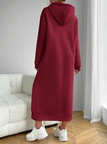 SHEIN Essnce New Year Women's Solid Color Drop Shoulder Long Sleeve Drawstring Hooded Maxi Sweatshirt Dress, Red,Autumn/Winter - Burgundy - View 2