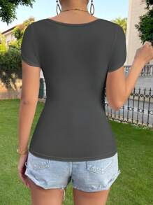 SHEIN Essnce Women's Casual Solid Color Square Neck Short Sleeve T-Shirt