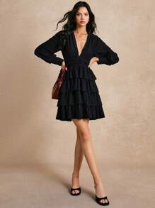 Poéselle Vestido negro, vestido de pastel, mangas abultadas, vestido de manga larga, ropa de primavera y verano, Día de San Valentín, vestido casual de estilo pastel con mangas de farol y cuello en V para mujer, moda minimalista, adecuado para uso diario, salir a la calle, vacaciones y otras ocasiones