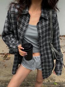 DAZY Blusa informal holgada de manga larga a cuadros para mujeres