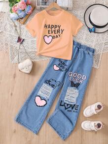 SHEIN 2pcs/Set For Girls: Letter Print White Short Sleeve T-Shirt & Denim Long Pants