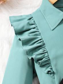 少女 2 件套：纯色荷叶边饰纽扣衬衫 + 黑色紧身裤 - 黑色 - 查看 3