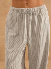 Forever 21 秋冬新款松紧腰阔腿宽松休闲家居裤，纹理面料 - 杏色 - 查看 4