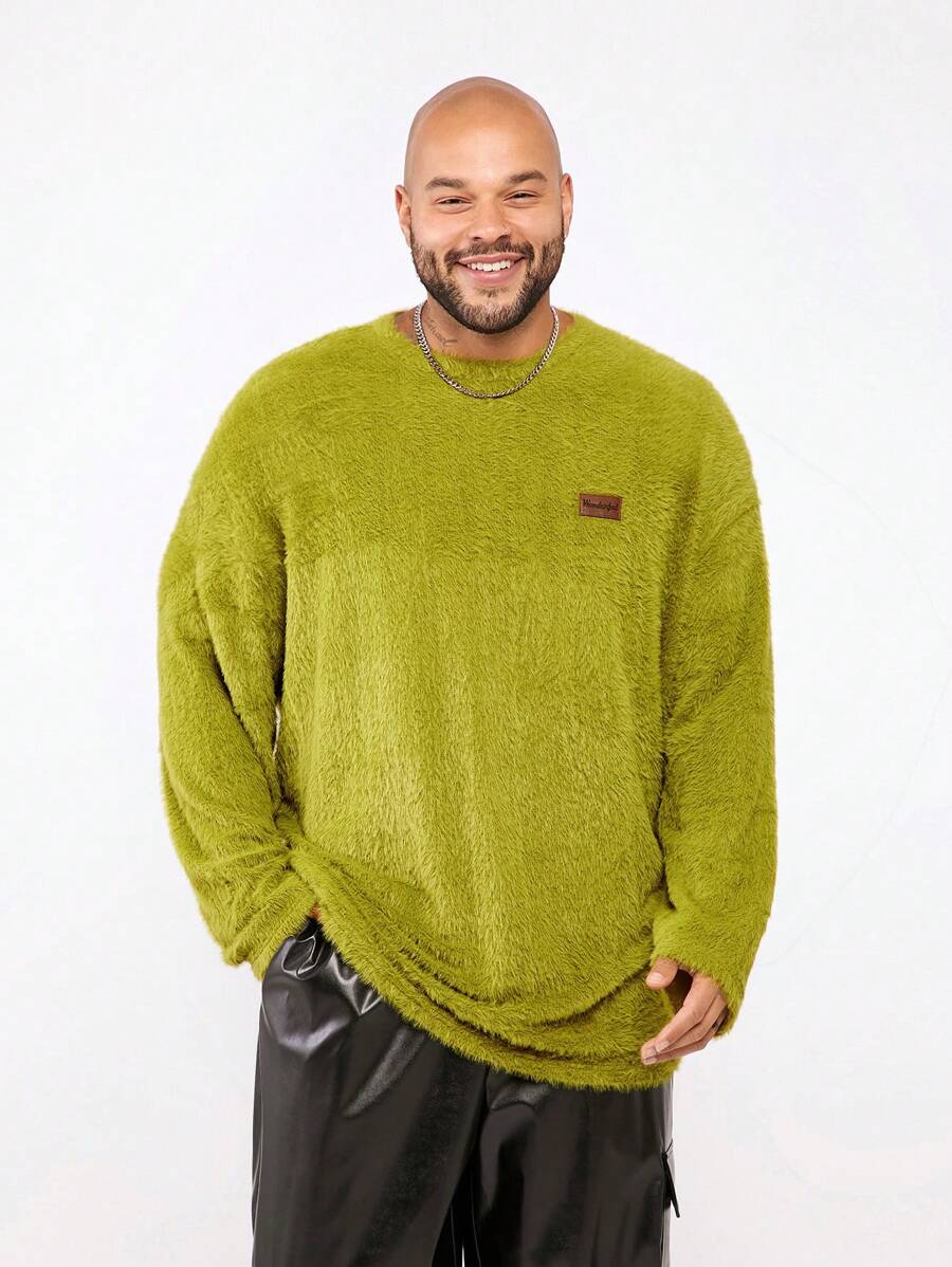 Manfinity VCAY 大码男式绿色宽松针织人造丝混纺圆领长袖 T 恤