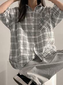 DAZY Women's Plaid Short Sleeve Front Button Pocket Casual Loose Blouse,Flannels Women - White - View 1