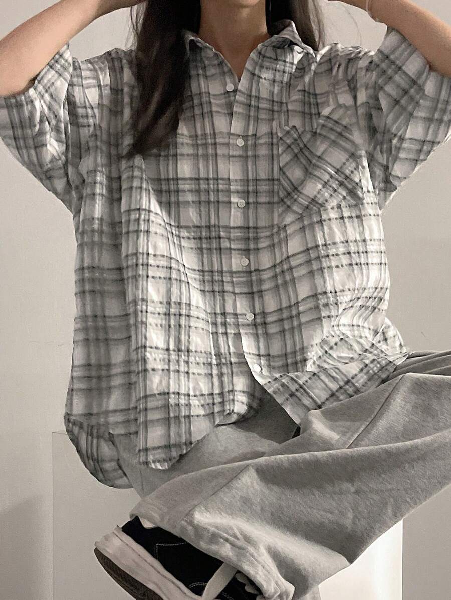 DAZY Women's Plaid Short Sleeve Front Button Pocket Casual Loose Blouse,Flannels Women - White - View 1