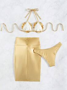 Swim SXY 夏季新款时尚金色花朵 3D 三角吊带性感女士比基尼套装 - 金色 - 查看 5