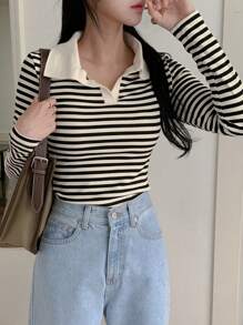 Blusa de manga larga a rayas de uso casual para mujer, para uso diario - Negro - Ver 8