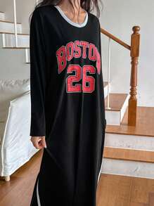 DAZY Camisón holgado con bloqueo de color e impresión de letras americanas casual para otoño e invierno