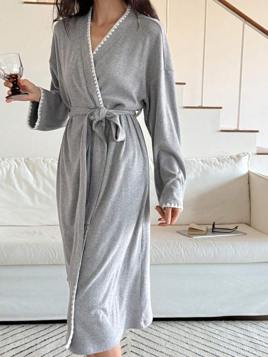 DAZY Minimalist Elegant Embroidered Trimming Loose Kimono Robe - Grey - View 1