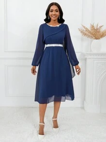 SHEIN Unity Women's Simple Patchwork Sequined Ribbon Decor Round Neck Lantern Sleeve A-Line Dress For CommutingParty Maxi Women Outfit - Blue - View 4