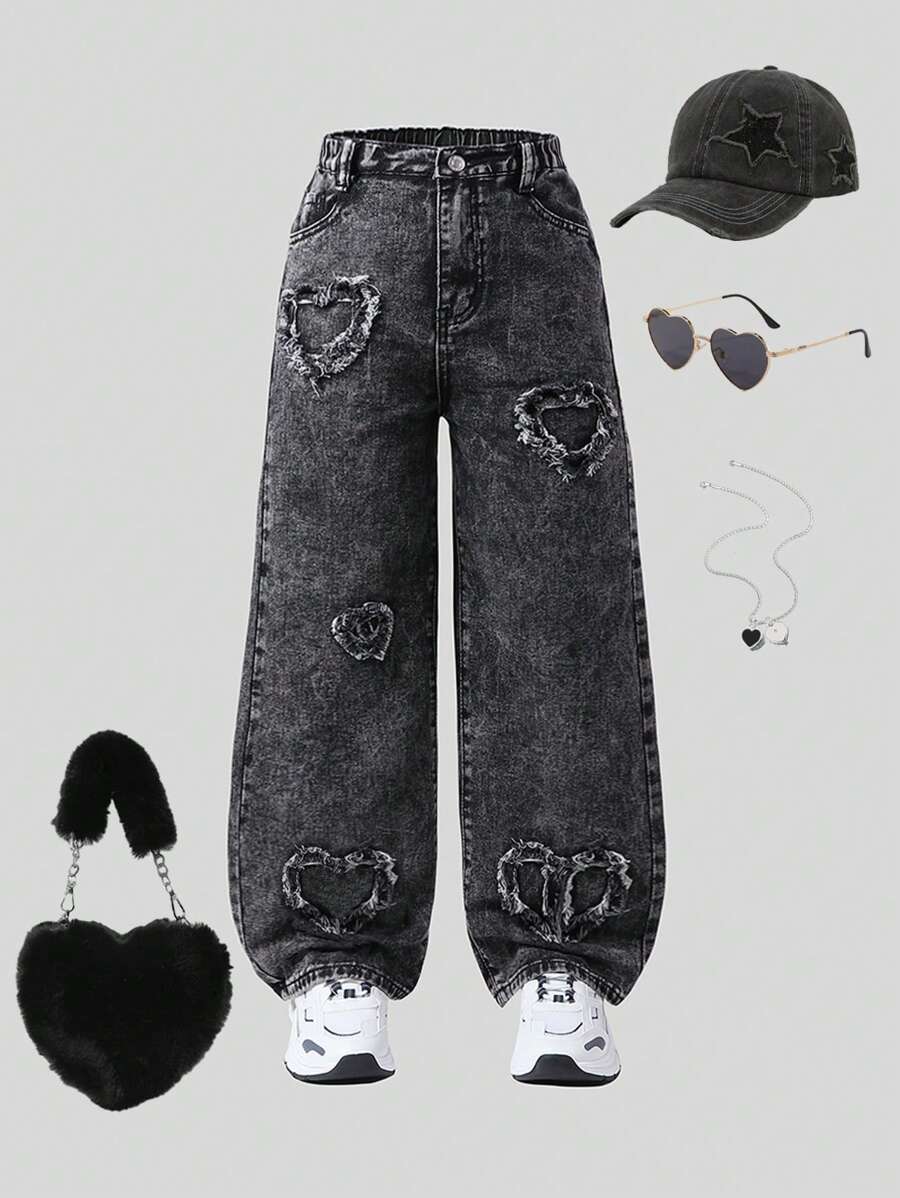 SHEIN 少女时尚爱心刺绣宽松舒适阔腿牛仔裤 - 黑色 - 查看 1