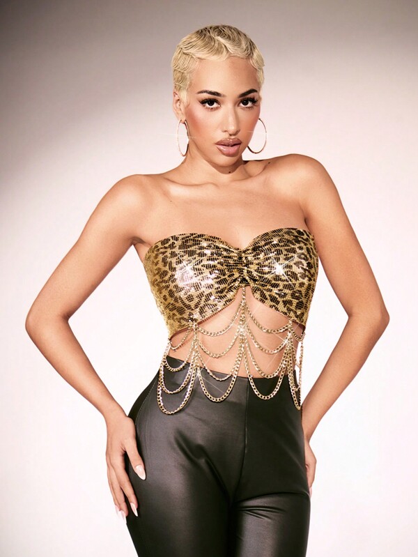 Zolique Top bandeau sexy de mujer con decoración de cadena, con lentejuelas de estampado de leopardo y parches plisados (sin camiseta interior) para ropa de fiesta, Año Nuevo, fiesta brillante, club, fiesta de celebración