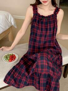 DAZY 格子荷叶边蝴蝶结装饰吊带睡裙情人节 - 藏蓝色 - 查看 5