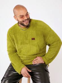 Manfinity VCAY 大码男式绿色宽松针织人造丝混纺圆领长袖 T 恤