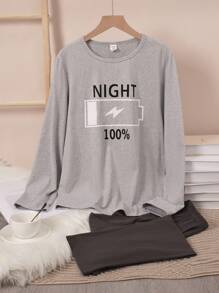 SHEIN 青少年男孩灰色字母印花胸前休闲长袖长裤套装，日常穿着的家居服 - 灰色 - 查看 3