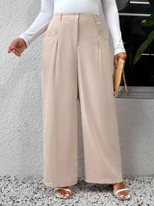 SHEIN VCAY Pantalon large à poches en lin ressemblant à de l'abricot, grande taille. Pantalon décontracté et ample pour les vacances - Nude - Voir 4