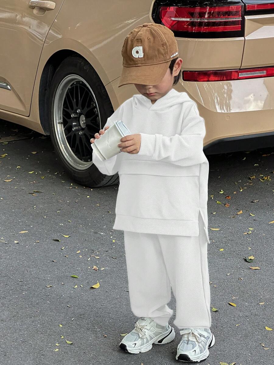 SHEIN 2pcs/Set Young Boys Casual College Style Comfortable Fashion Loose Fit Hoodie Sweatshirt & Pants, Suitable For Daily Wear, School, Outdoor, Sports, Autumn/Winter - White - View 1