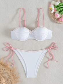 SHEIN Swim بيكيني أبيض قطعتين للنساء مجموعة ذات علوي بانديو وسراويل ربطة بالجانب، ملابس شاطئ بيكيني جميلة - متعدد الألوان - مشاهدة 3