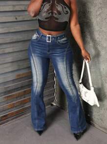 SHEIN Slayr Jeans ajustados y acampanados estilo vintage y desgastado para mujer