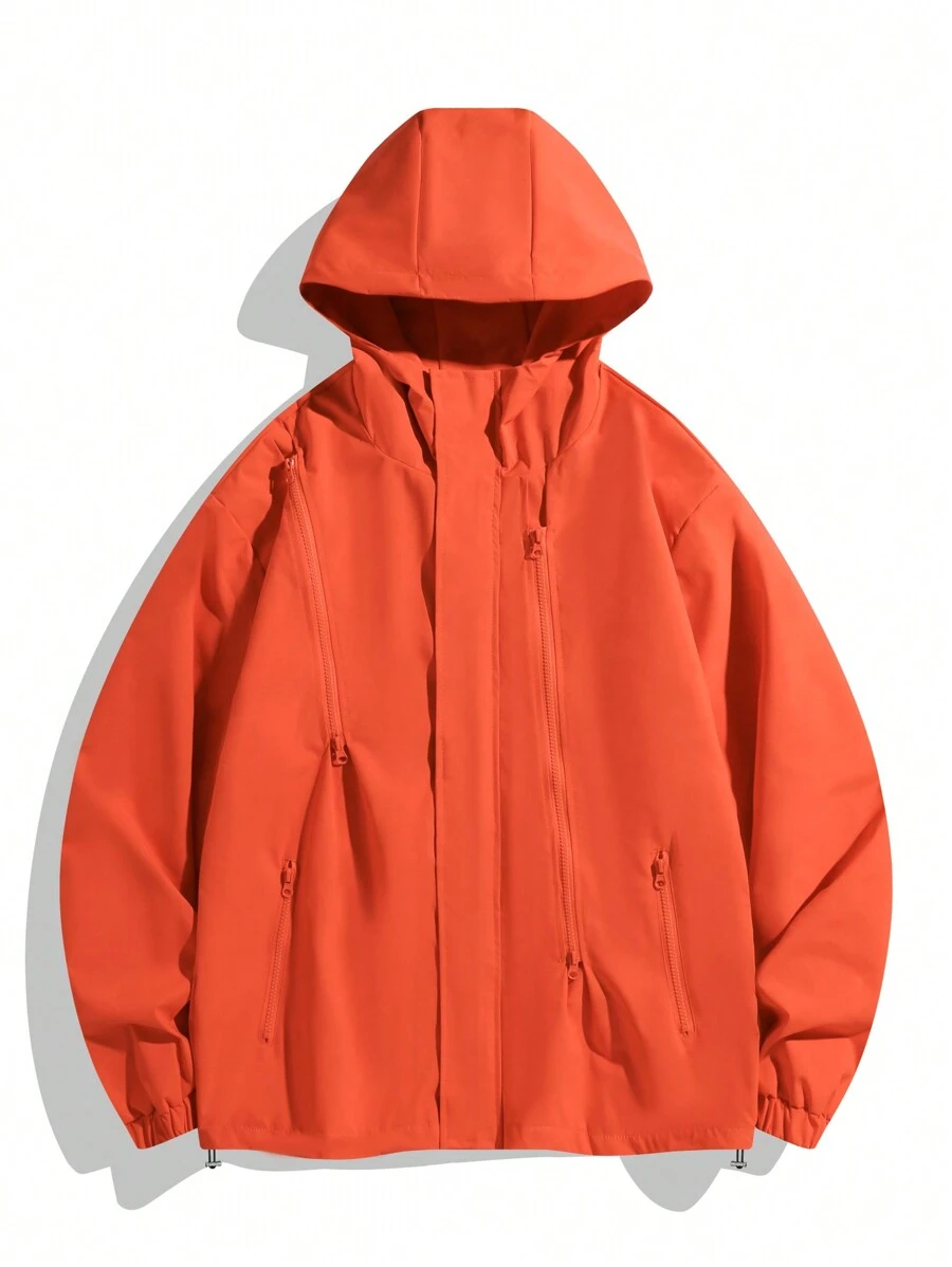Chillumni Men Solid Color Front Zipper Long Sleeve Casual Hooded Jacket, Fall - Orange - View 1