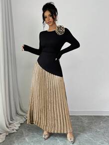 Elenzga Vestido de noche plisado con inserto floral metálico de lujo para mujer