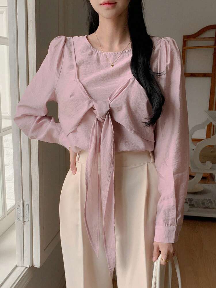 Women Round Neck Long Sleeve Button Casual Minimalist Blouse, Daily Wear
