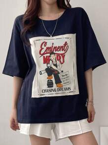 DAZY 女式贴花字母和卡通人物印花宽松T恤图案T恤，教师服装