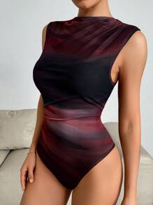 SHEIN Essnce Fashionable Tie-Dye Tie Dye Shirred Bodysuit - Burgundy - View 6