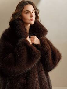 Anewsta New Autumn/Winter Elegant Lady Fox Fur Fake Fur Maxi Coat, Fashion Fluffy Lined Women Long Outerwear - Coffee Brown - View 2