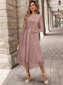 EMERY ROSE Women Solid Color Lace Long Sleeve Casual Dress, For Everyday Wear - Pink - View 4