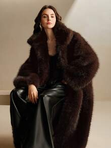Anewsta New Autumn/Winter Elegant Lady Fox Fur Fake Fur Maxi Coat, Fashion Fluffy Lined Women Long Outerwear - Coffee Brown - View 5