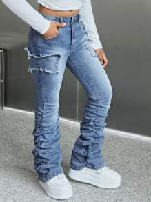 SHEIN Tween Girl Y2K Moda Fluture Mozaic cu franjuri Volană La modă Casual Versatili Blugi stivuiți