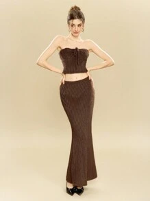 SHEIN Unity Bộ 2 món/Bộ đồ crop top gợi cảm + chân váy đuôi cá, phong cách Mỹ cổ điển, họa tiết vải nhung kẻ, trang phục Y2K màu nâu - màu nâu - Xem 1