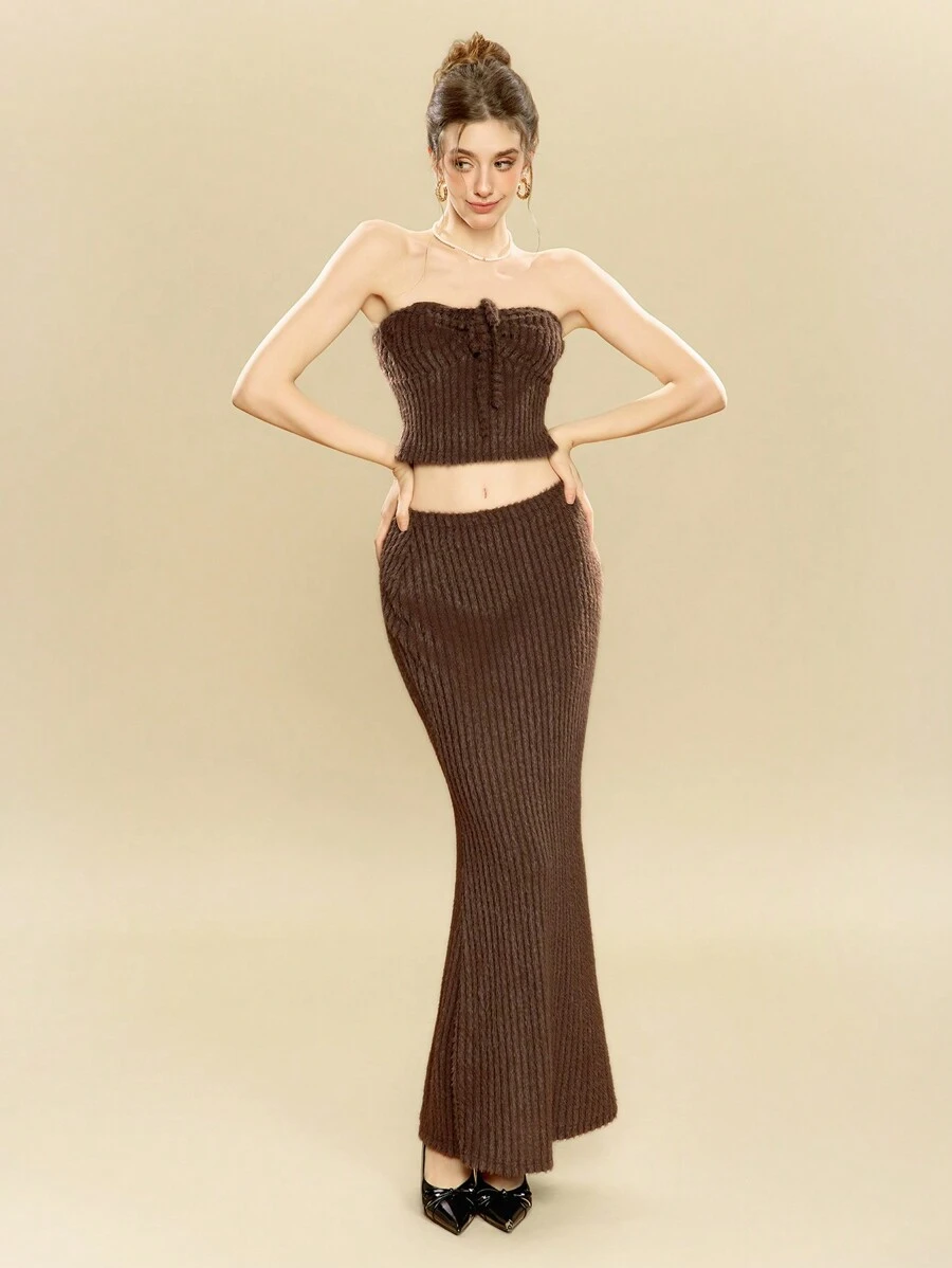 SHEIN Unity Bộ 2 món/Bộ đồ crop top gợi cảm + chân váy đuôi cá, phong cách Mỹ cổ điển, họa tiết vải nhung kẻ, trang phục Y2K màu nâu - màu nâu - Xem 1