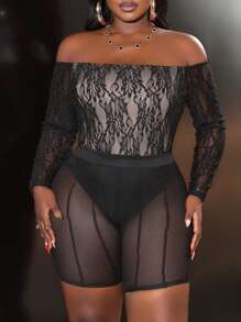 Slaydiva Plus Size Women's Solid Color Long Sleeve Casual Off Shoulder Sexy Lace Bodysuit - Black - View 10