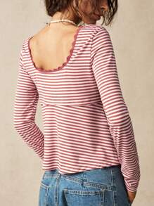 Bohemela Casual Striped Square Neck Long Sleeve Fitted Women T-Shirt - Multicolor - View 7