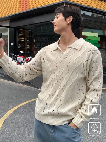 Manfinity CasualKnits Men's Solid Color Button Front Long Sleeve Hollow Casual Sweater