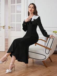 Modelyn Women's Elegant Contrast Collar Mermaid Hem Long Dress, Autumn Long Evening Dresses