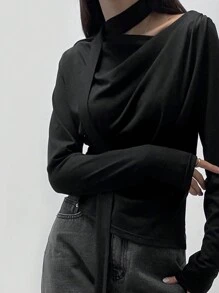 DAZY 女士纯色垂坠领口系带垂坠领长袖黑色 T 恤，适合春、夏、秋、秋季女装 - 黑色 - 查看 1