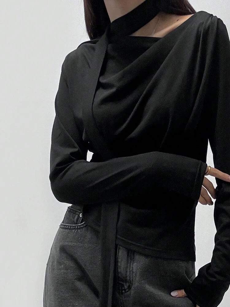 Women's Solid Color Draped Neck Tie-Up Draped Neck Long Sleeve Black T-Shirt, Suitable For Spring, Summer, Autumn,Fall Women Clothes