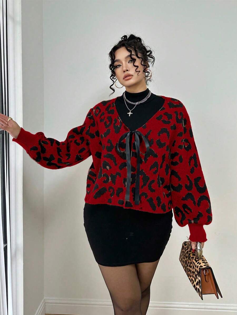 Flirla Leopard Jacquard Ribbon Tie Cardigan Sweater For New Year Clothes - Red - View 1