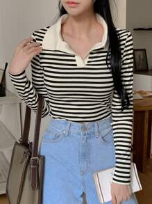 Blusa de manga larga a rayas de uso casual para mujer, para uso diario - Negro - Ver 5