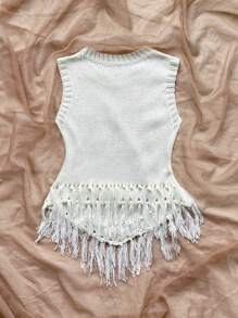 Soleia Casual Round Neck Tasseled Knitted Vest, Solid Color, Minimalist & Fashionable - Beige - View 2