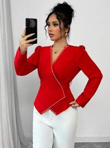 Elenzga Women's Beaded Ruched Puff Sleeve Red Blouse - Red - View 6
