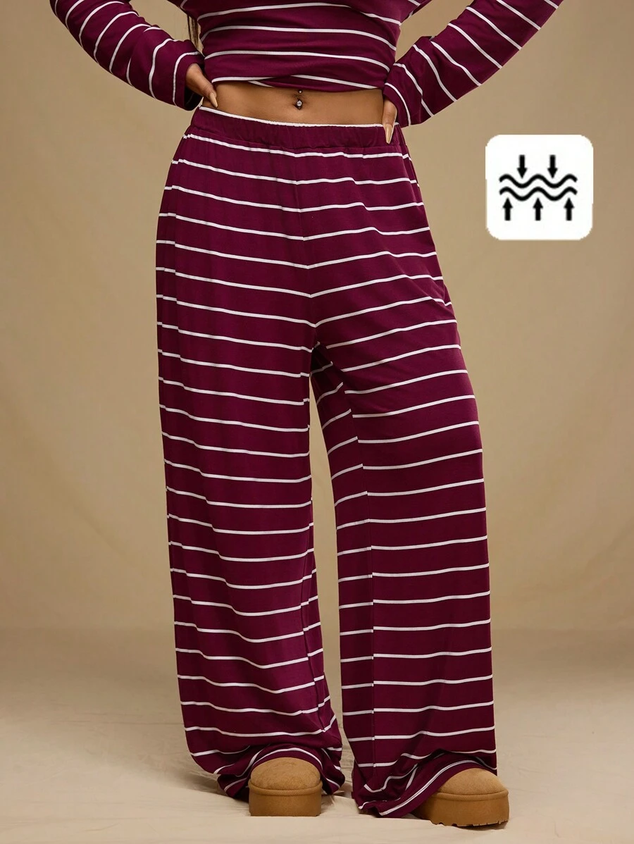 Forever 21 大码冬季宽松条纹休闲百搭舒适勃艮第针织阔腿新年圣诞裤（不含上衣）